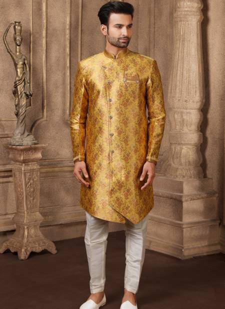 Deep Yellow Colour New Party Wear Jacquard Silk Digital Print Indo Western Mens Collection 9231